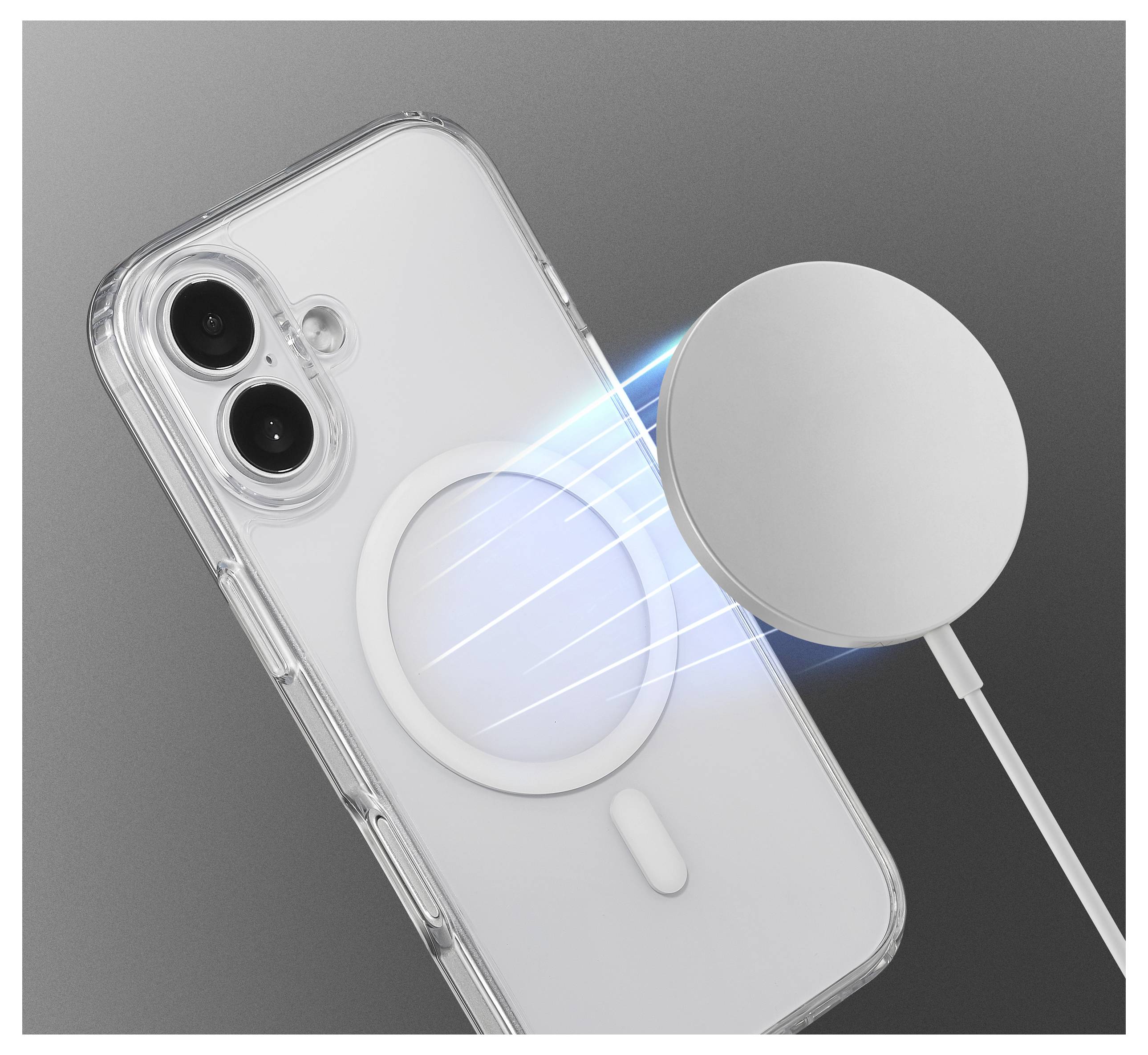 Un téléphone avec un étui transparent montrant un dispositif de charge magnétique à proximité de l'appareil, indiquant la capacité de charge sans fil.