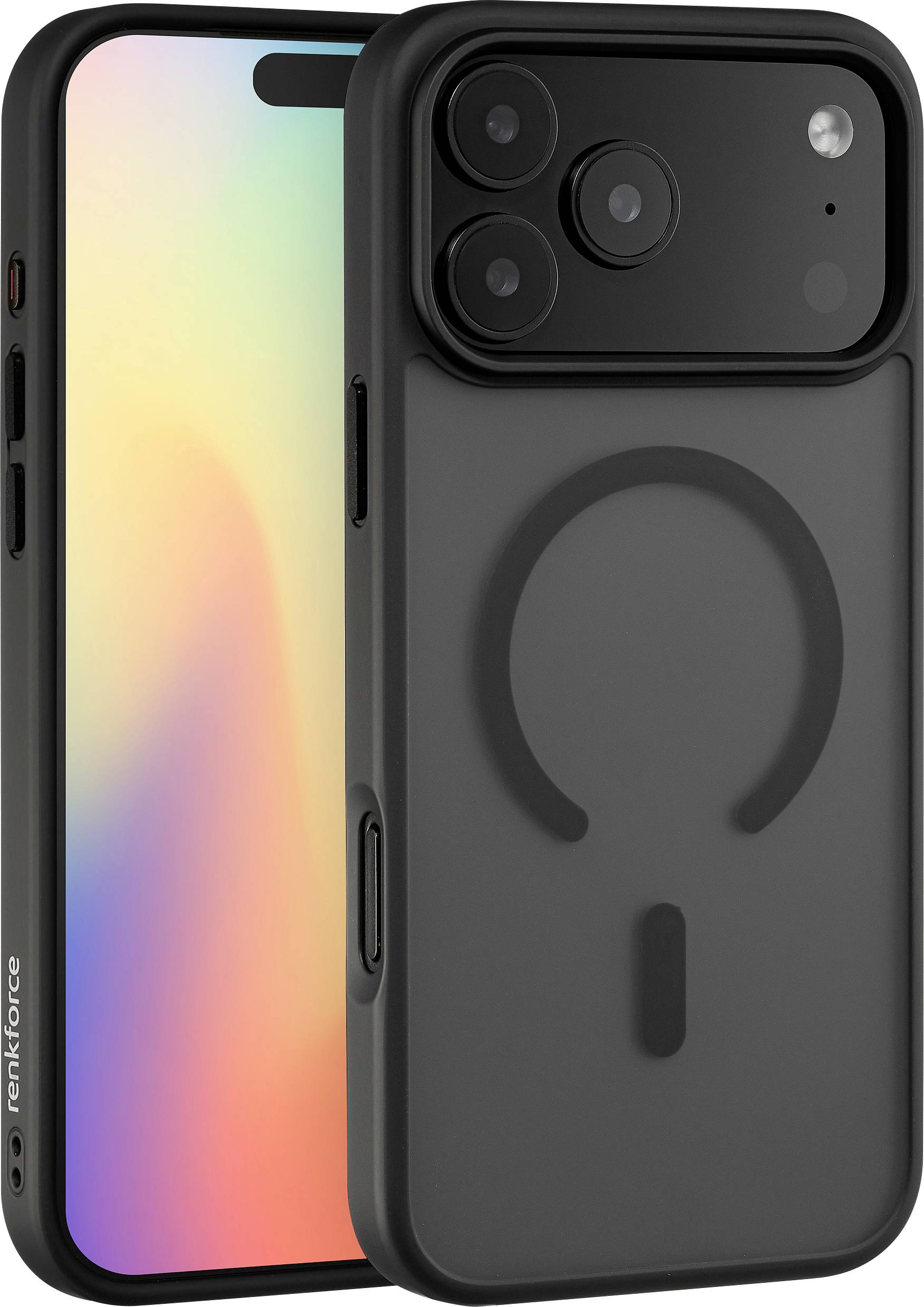 Un smartphone doté d'un écran coloré et d'un étui de protection noir présentant un design circulaire, montré de face et de dos.