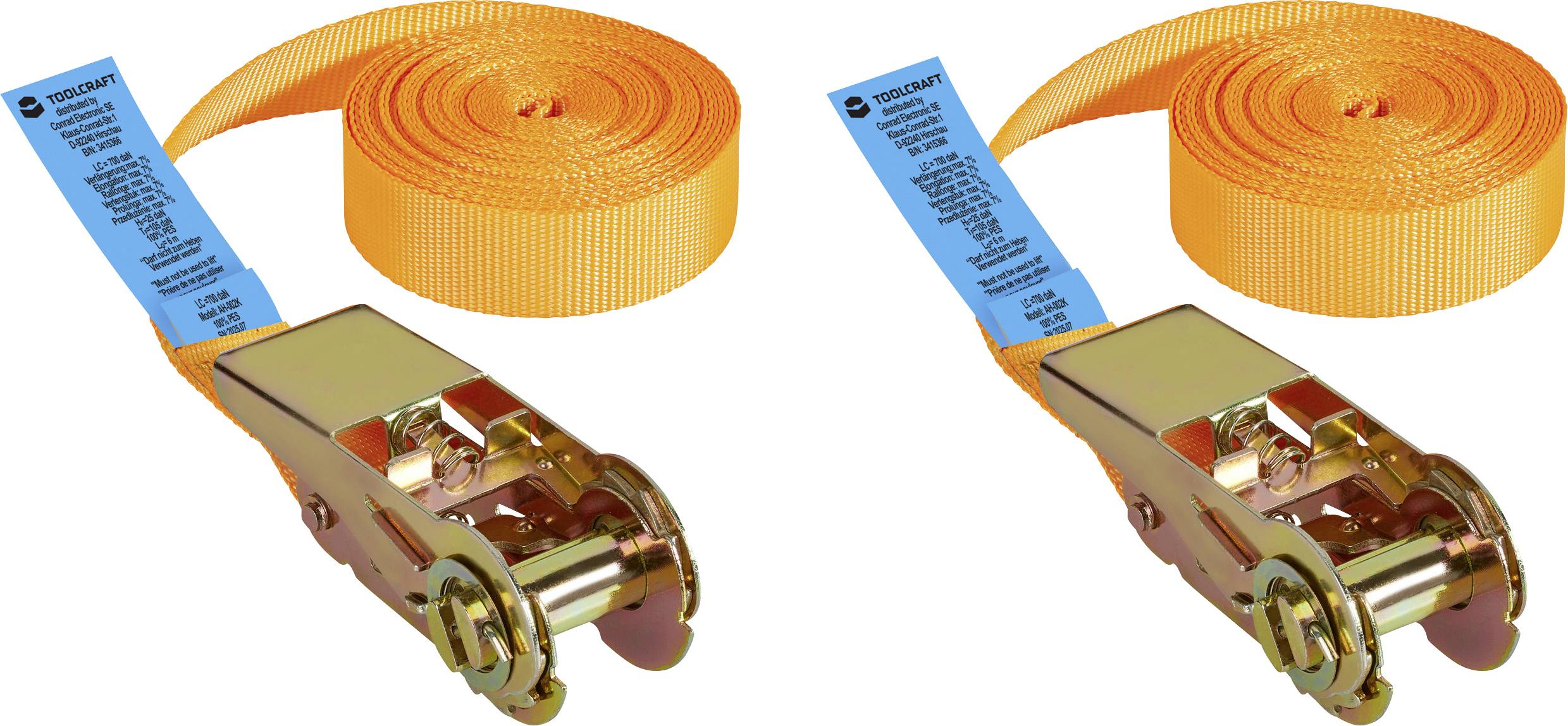 Deux sangles d'arrimage orange avec des boucles métalliques et des étiquettes bleues, enroulées soigneusement, probablement utilisées pour sécuriser des charges.