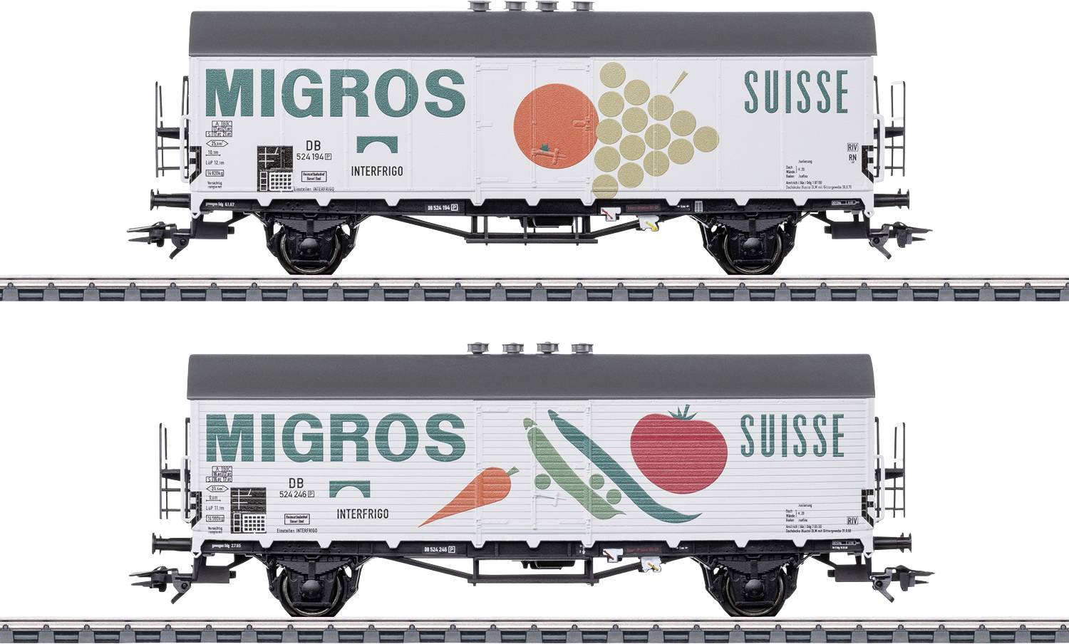 Deux wagons réfrigérés étiquetés 'Migros' et 'Suisse'. En haut : grappe de raisin et pomme. En bas : tomate et petit pois. Transport de denrées alimentaires.