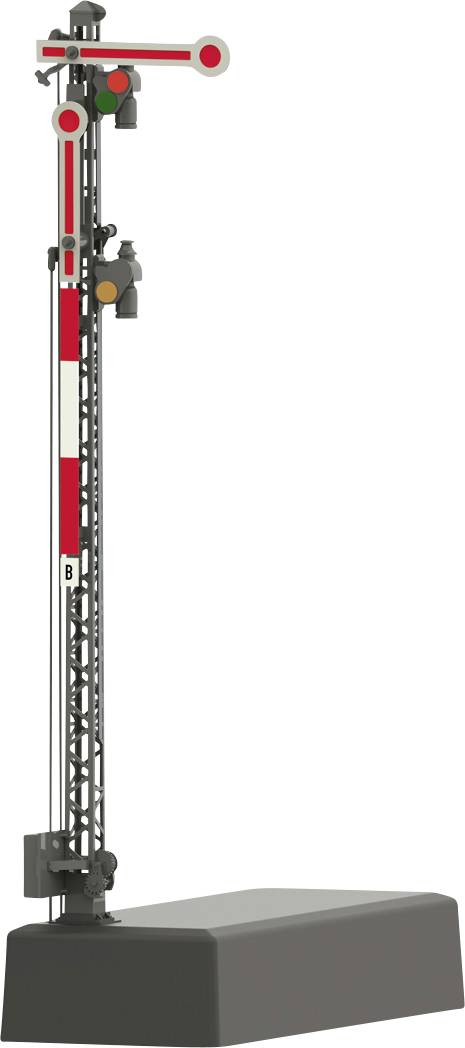 Un signal ferroviaire type indique l'état 'Arrêt', reconnaissable à l'aile de signal horizontale rouge et blanche avec un feu rouge.
