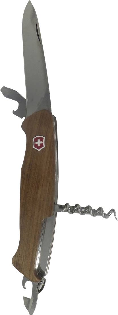 Un couteau suisse avec manche en bois, lame déployée, tire-bouchon et décapsuleur.