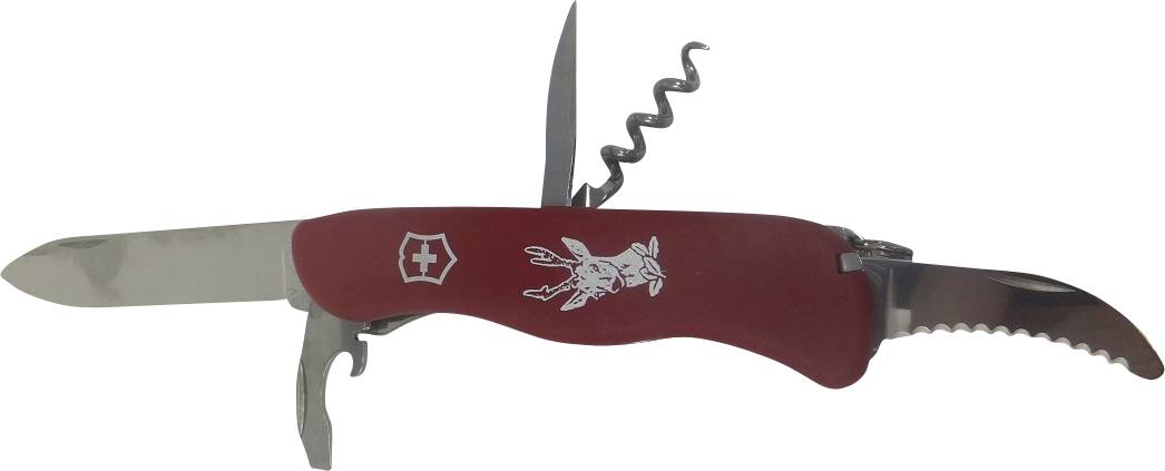 Un couteau suisse rouge avec une lame ouverte, un tire-bouchon et un décapsuleur, démontrant la polyvalence d'un outil compact.