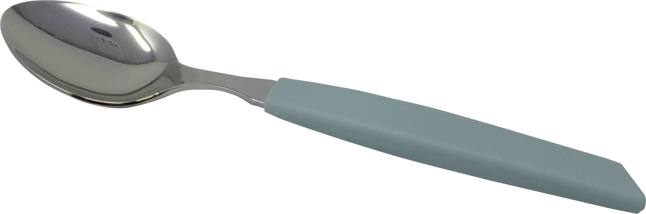 Une cuillère en métal avec une large poignée incurvée de couleur sarcelle, conçue pour une prise en main facile, posée sur un fond blanc uni.