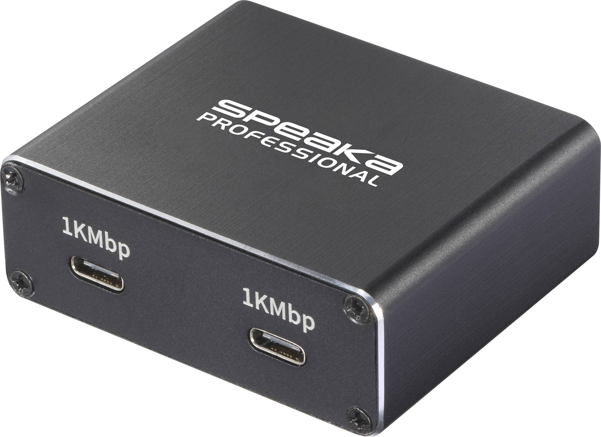 Un adaptateur noir 'Speaka Professional' doté de deux ports USB-C '1KMbP' sur un côté, conçu pour une transmission de données à haute vitesse.