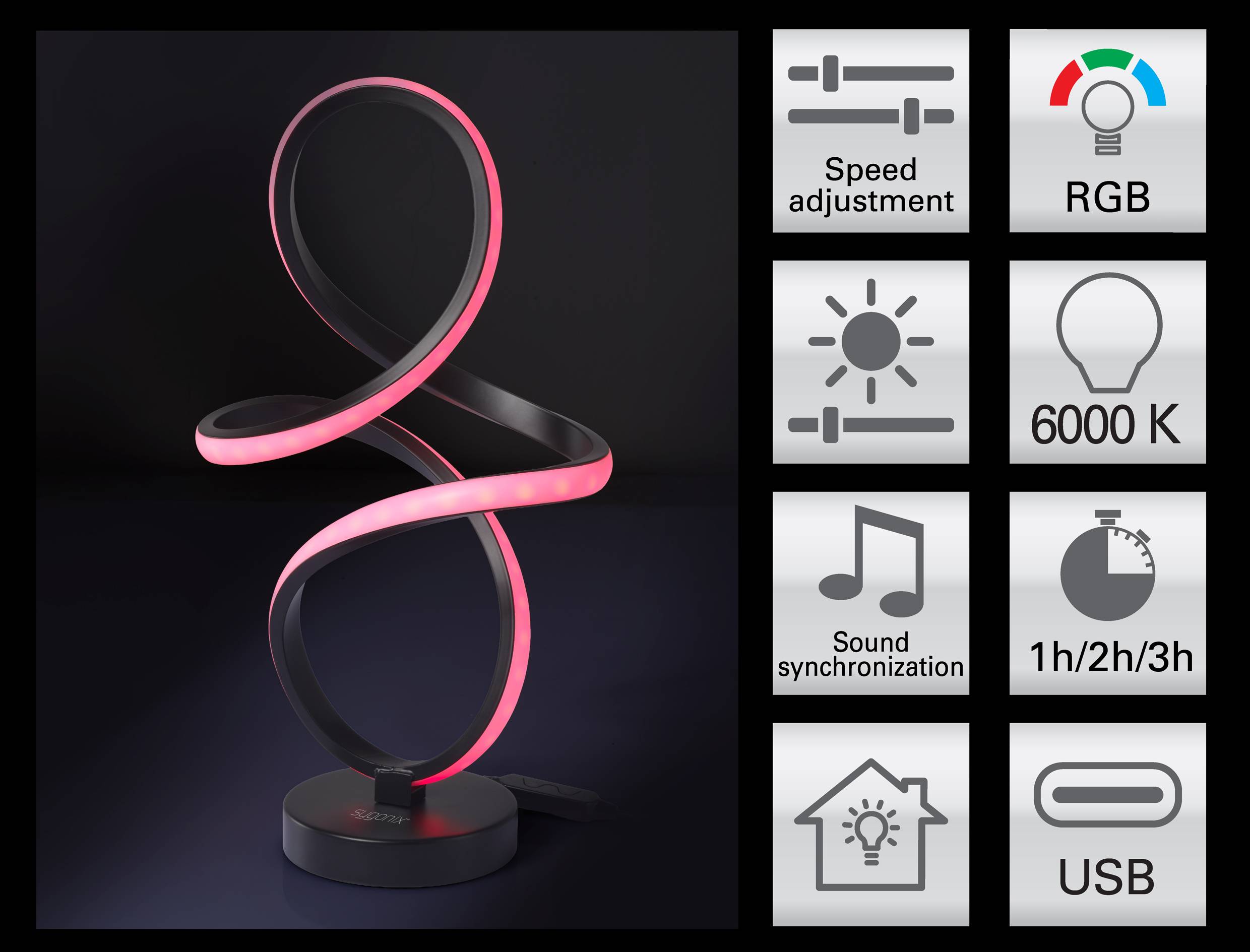 Une lampe de table moderne au design en spirale dotée d'un éclairage RVB, à vitesse réglable, avec une température de couleur de 6000K, synchronisation sonore, minuterie, alimentée par USB.