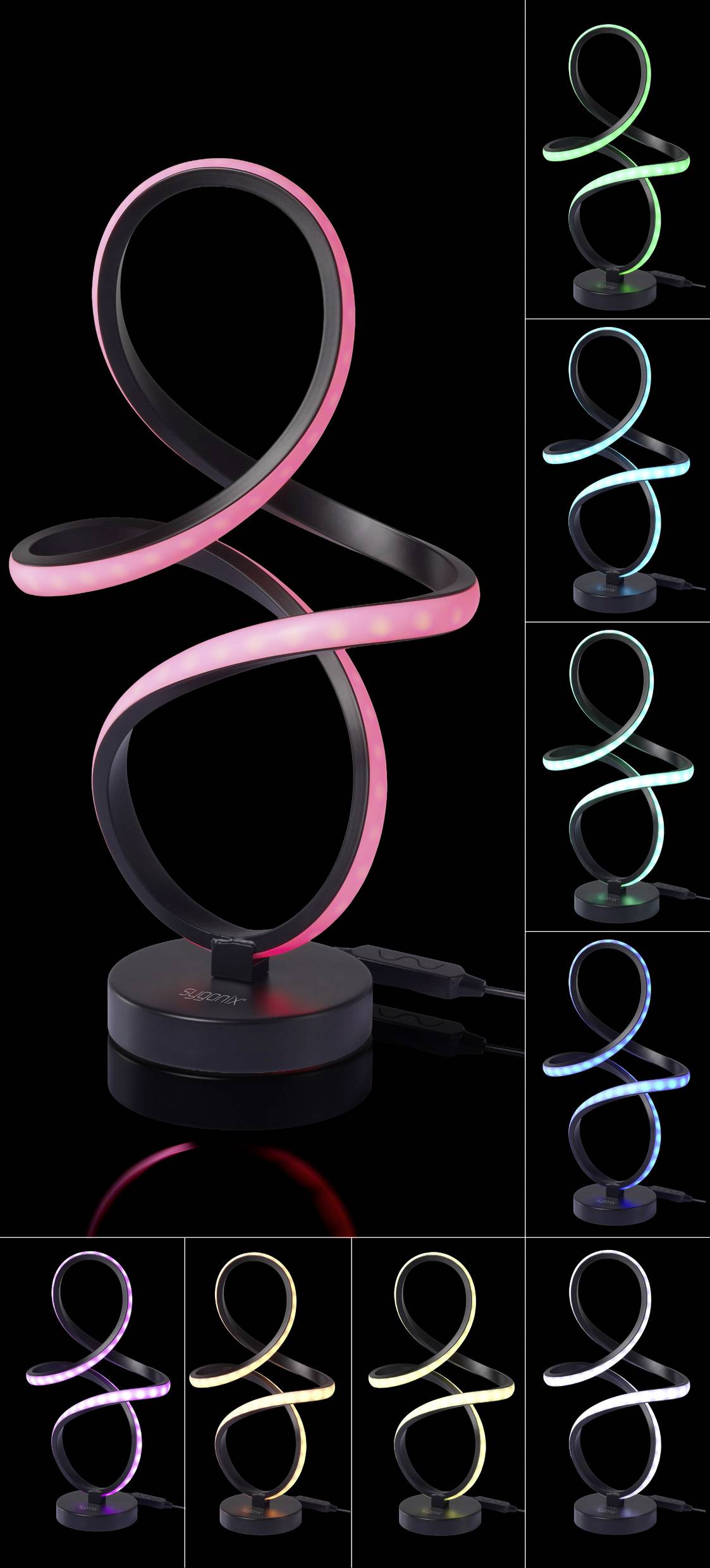 Une lampe LED à changement de couleurs avec différentes teintes : rose, vert, bleu et jaune. Chaque image présente la lampe allumée dans une couleur différente.