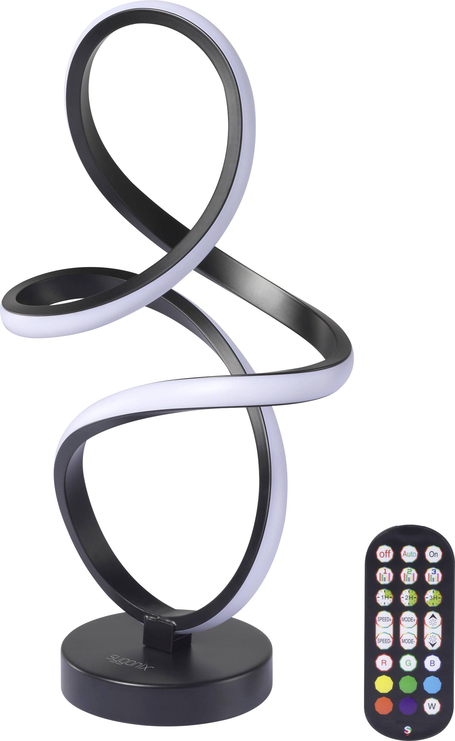 Une lampe LED spirale moderne, de couleur noire, avec télécommande. La lampe présente un design torsadé et émet une lumière blanche, offrant différents réglages grâce à sa télécommande.