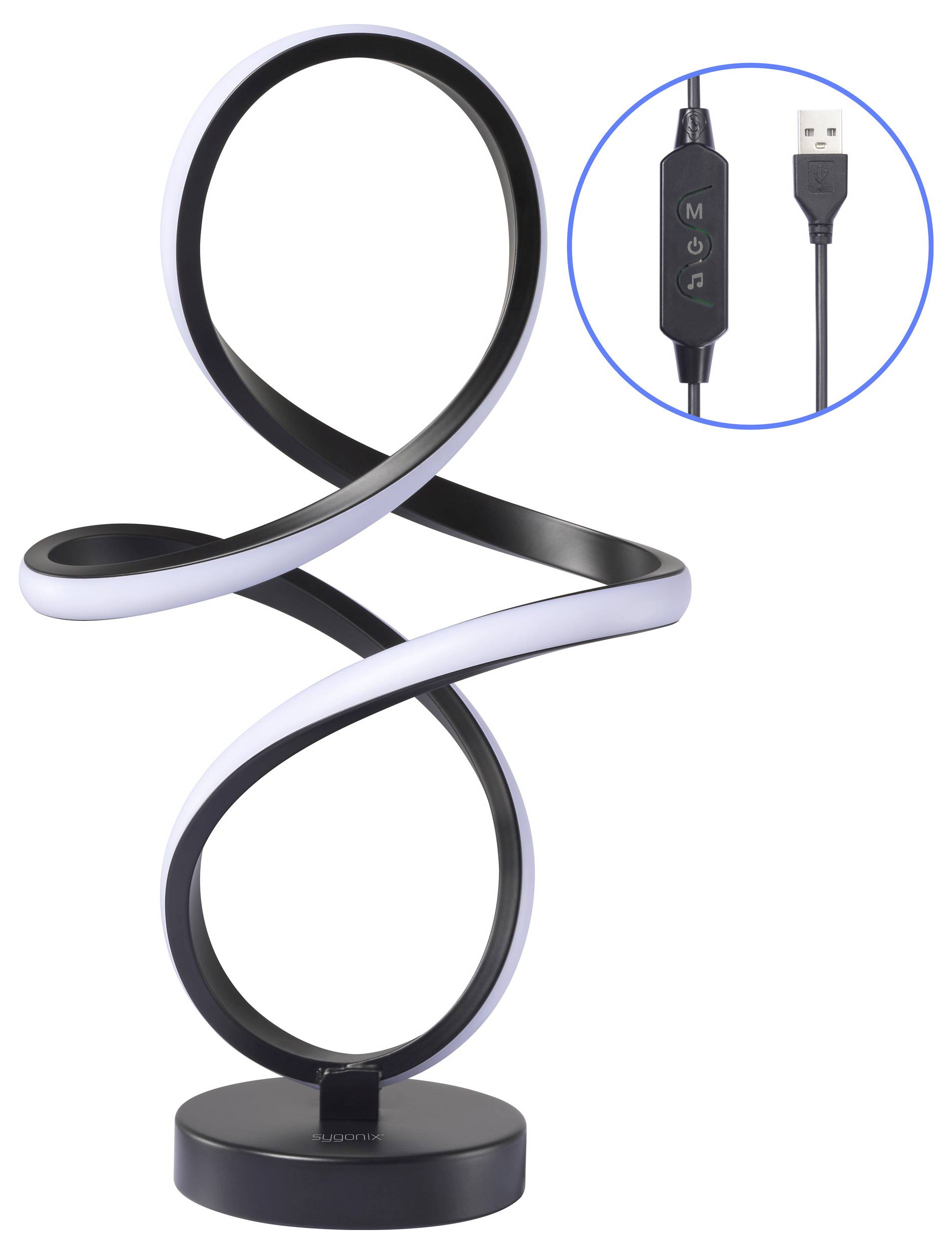 Une lampe LED spirale moderne avec un cordon d'alimentation USB et un interrupteur de contrôle pour ajuster la luminosité.