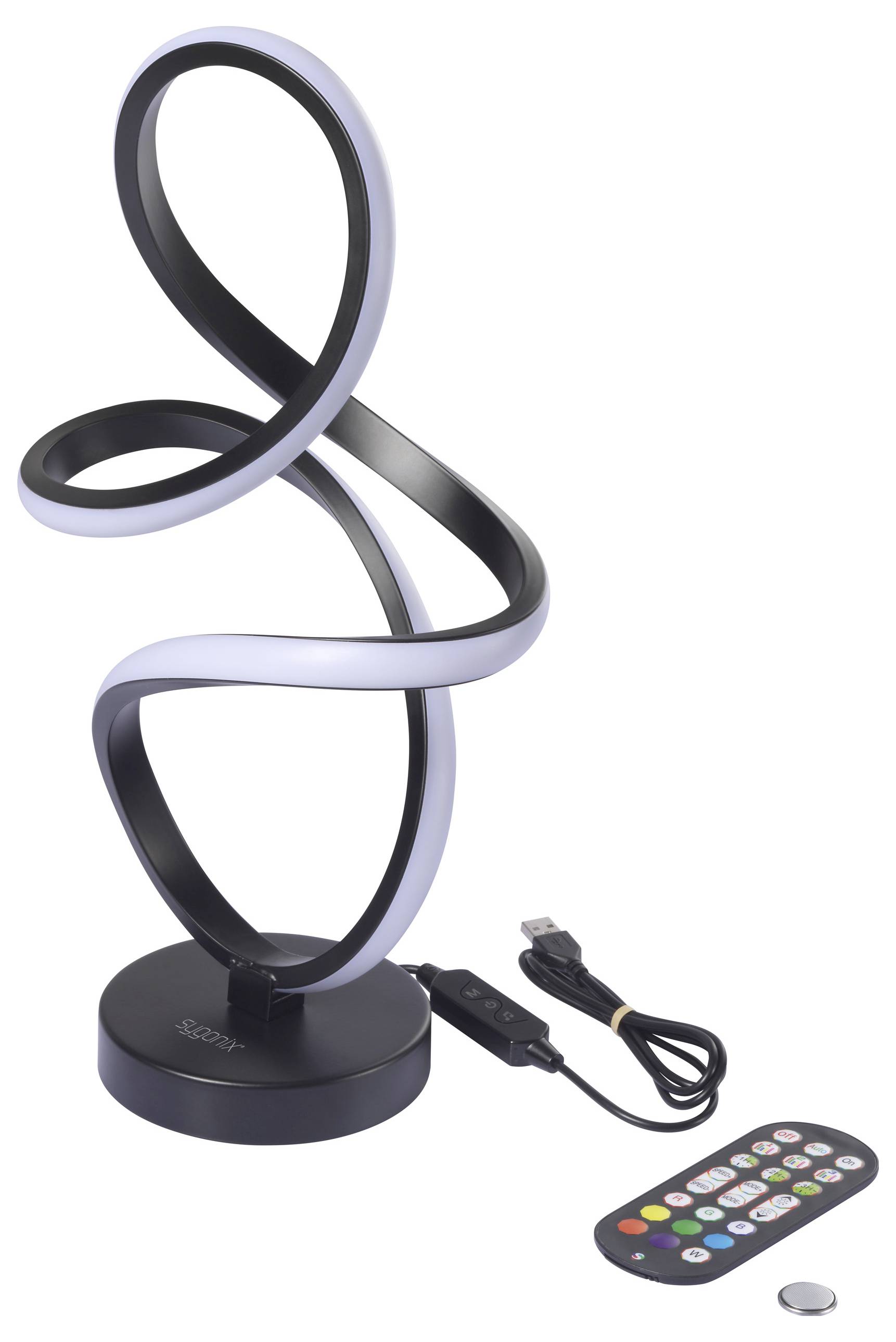 Une lampe LED moderne en forme de spirale, dotée d'une télécommande et d'un cordon USB, conçue pour un éclairage d'ambiance, posée sur une base circulaire simple.