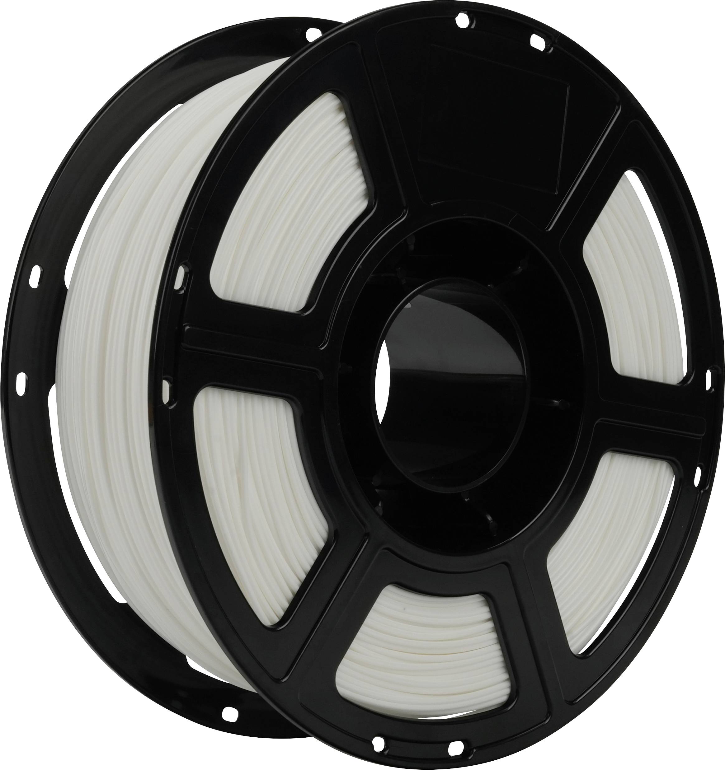 Un rouleau de filament blanc pour imprimante 3D sur un axe noir, utilisé pour créer des objets imprimés en 3D.