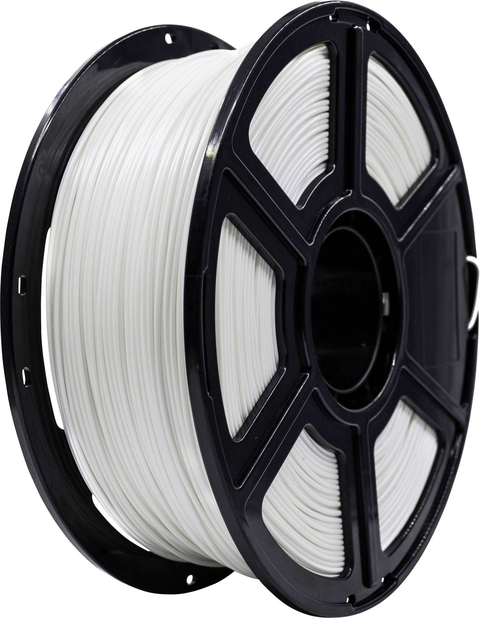 Un bobineau de filament d'impression 3D blanc soigneusement enroulé sur un dévidoir noir, utilisé pour les processus de fabrication additive.