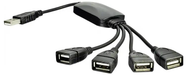 Hub USB avec une fiche et quatre prises, adapté pour connecter plusieurs appareils à un ordinateur.