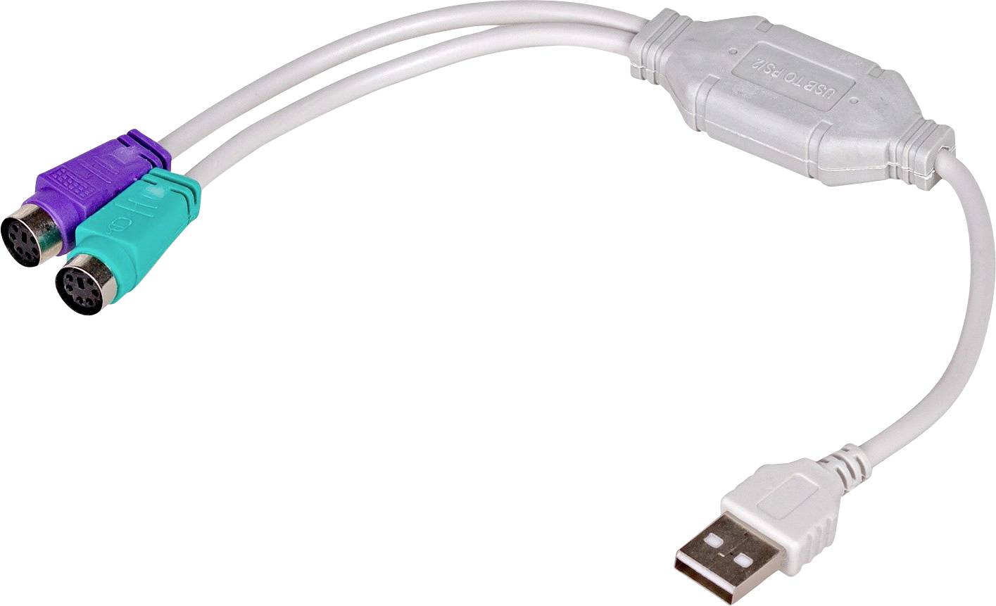 Un câble adaptateur USB avec deux connecteurs PS/2, un vert pour la souris et un violet pour le clavier, présenté sur fond blanc.