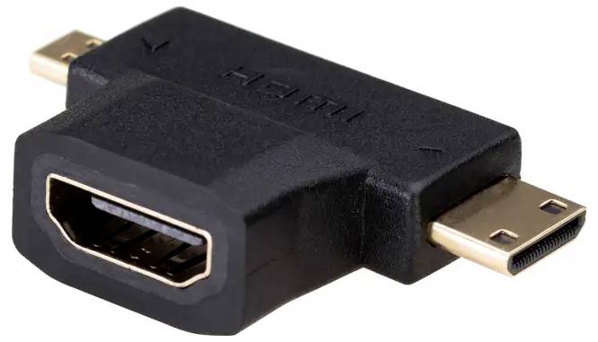 Adaptateur HDMI noir avec une connexion HDMI standard d'un côté et deux connexions Micro-HDMI de l'autre côté.