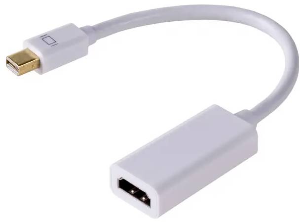 Un câble adaptateur blanc avec connecteur Mini DisplayPort à une extrémité et prise HDMI à l'autre extrémité, adapté pour les connexions vidéo.
