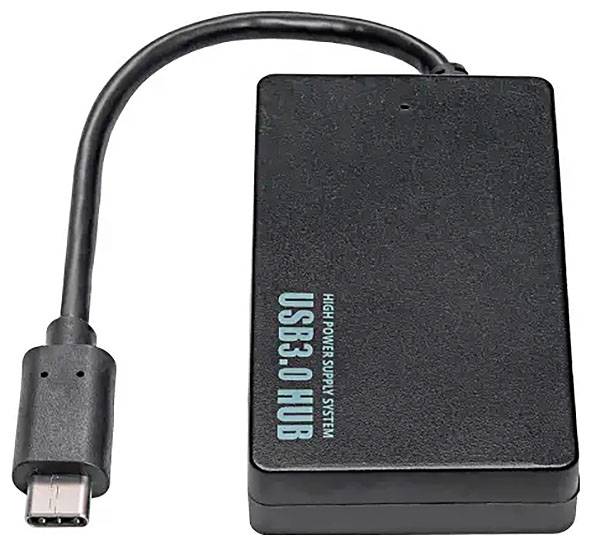 Hub USB 3.0 externe avec câble USB-C intégré, adapté pour l'extension de ports USB sur ordinateurs ou appareils.