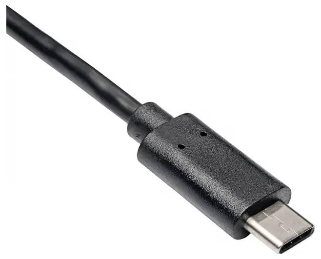 Un câble USB-C noir avec un connecteur métallique, utilisé pour la charge et le transfert de données.