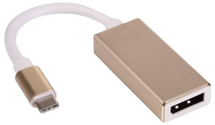 Un adaptateur USB-C vers DVI en or. À gauche se trouve le connecteur USB-C, à droite la prise DVI. Permet de connecter des appareils modernes à des moniteurs plus anciens.