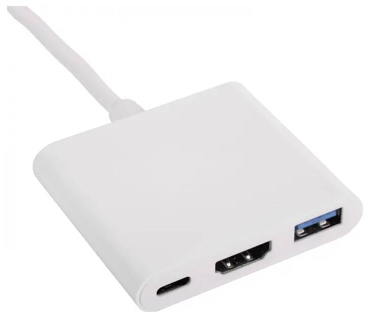 Un adaptateur blanc avec des ports USB-C, HDMI et USB-A, relié par un câble, sur un fond blanc.