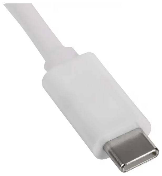 Une tête de câble USB-C blanche, montrant le connecteur métallique.