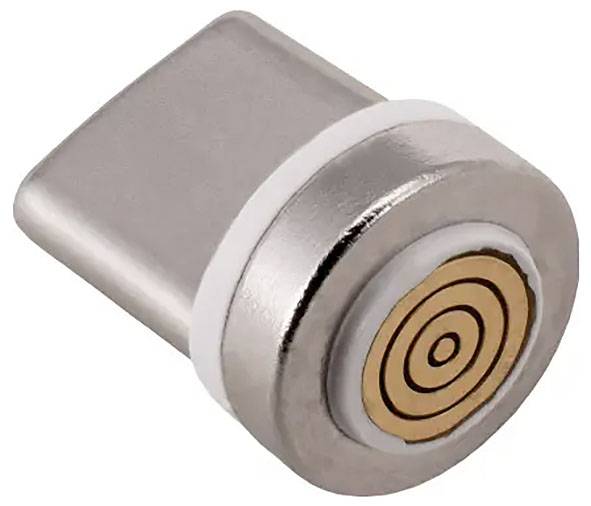 Un petit adaptateur USB-C magnétique avec un design de connecteur rond, qui sert à brancher et débrancher facilement les câbles.