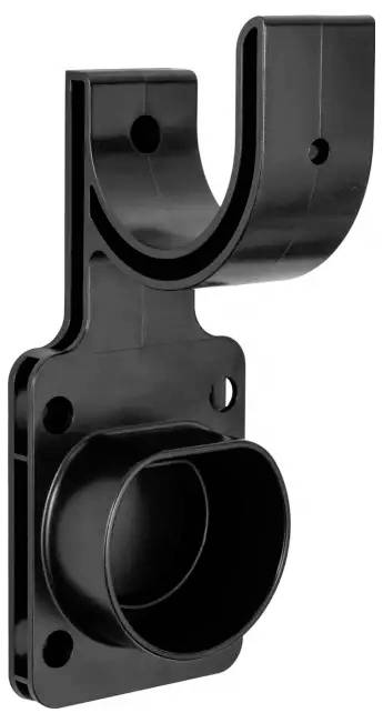 Support mural noir en plastique, adapté pour tubes ou tiges, avec trous de fixation et support arrondi.