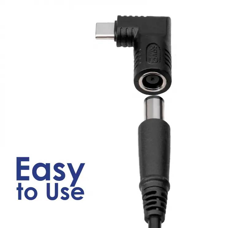 Un adaptateur à angle droit avec l'inscription 'Easy to Use' indique que l'adaptateur est convivial.