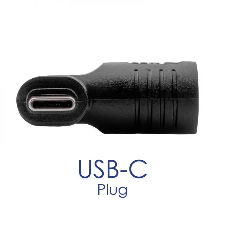 Connecteur USB-C, noir, vue latérale, avec l'inscription 'USB-C Plug' en dessous. Adapté pour connecter des appareils et charger.