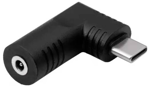 Adaptateur USB-C coudé avec connecteur rond, permet la connexion de câbles USB-C dans des espaces restreints.