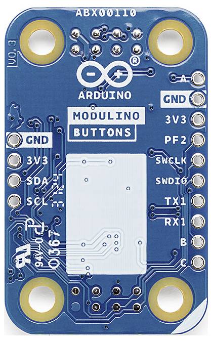 Une carte de circuit imprimé Arduino bleue portant l'inscription 'MODULINO' et 'BUTTONS', avec plusieurs connecteurs et points de soudure pour les composants électroniques.