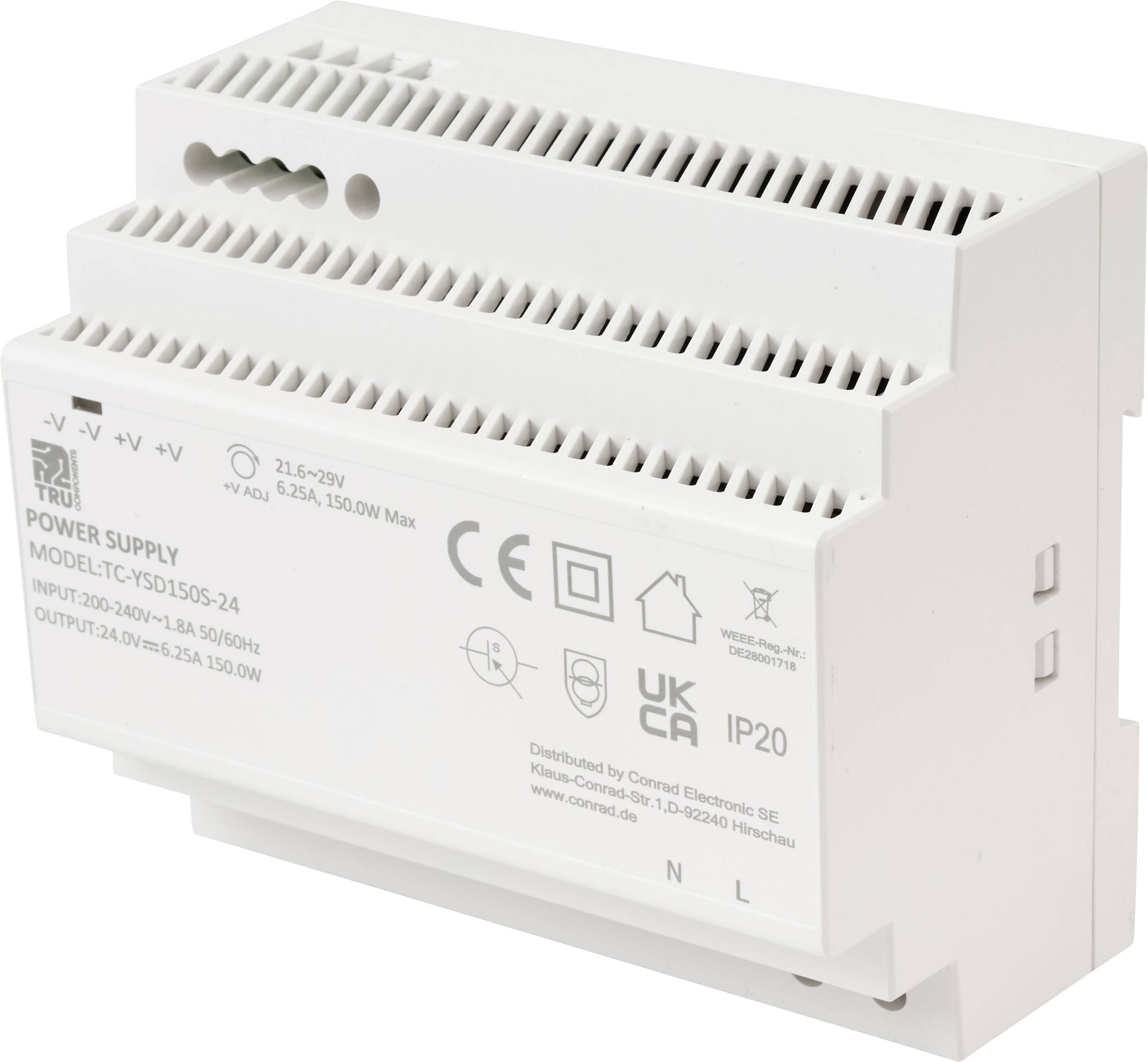 Un dispositif électronique blanc étiquété 'Alimentation Modèle TLYCBYDS150S-24', montrant diverses spécifications électriques et symboles de certification.