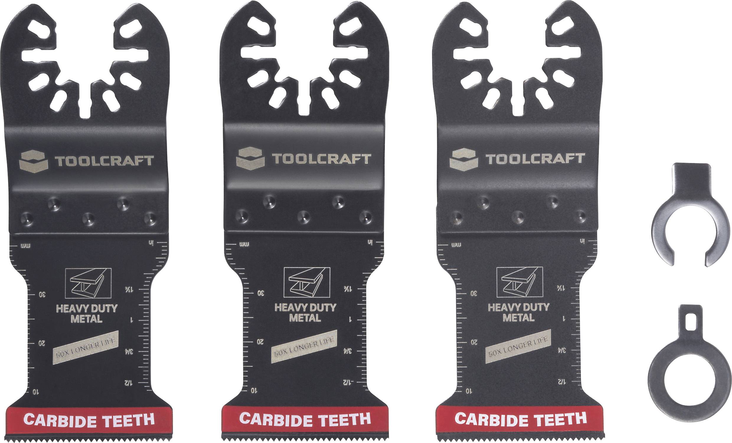 Trois lames de scie en métal robuste avec des dents en carbure, disposées verticalement, comprenant des marqueurs de mesure et la marque « TOOLCRAFT ». Deux fixations circulaires sont présentées sur la droite.