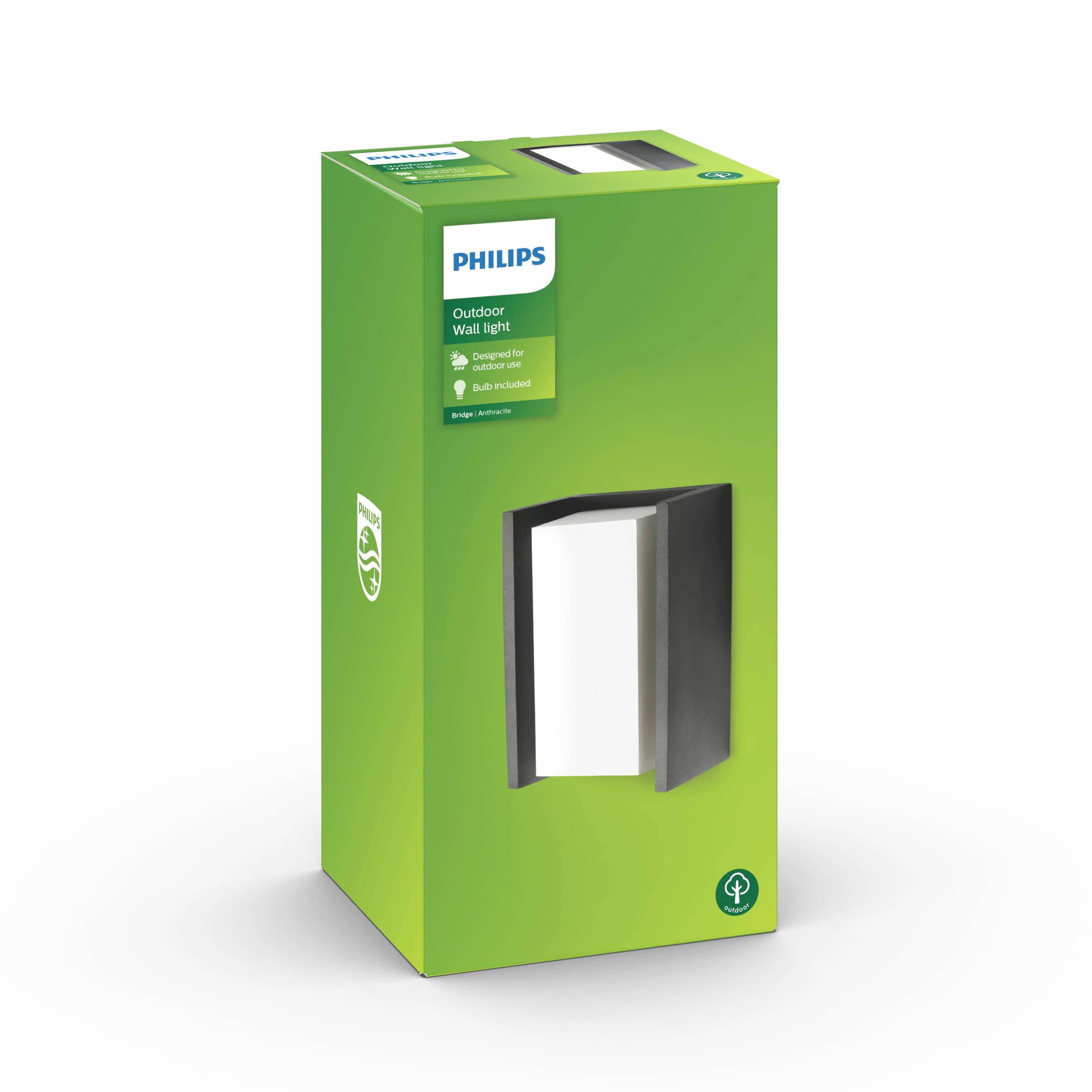 Emballage vert de Philips avec illustration d'une applique murale noire pour l'extérieur. LED économe en énergie incluse.