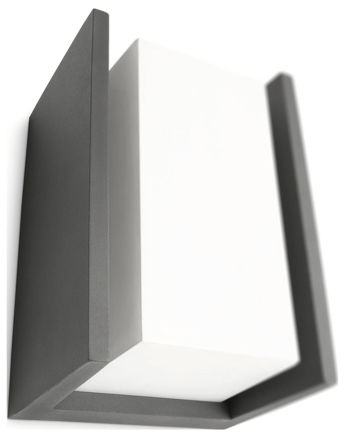 Applique murale moderne avec abat-jour rectangulaire blanc et support noir, vue en diagonale par le bas.