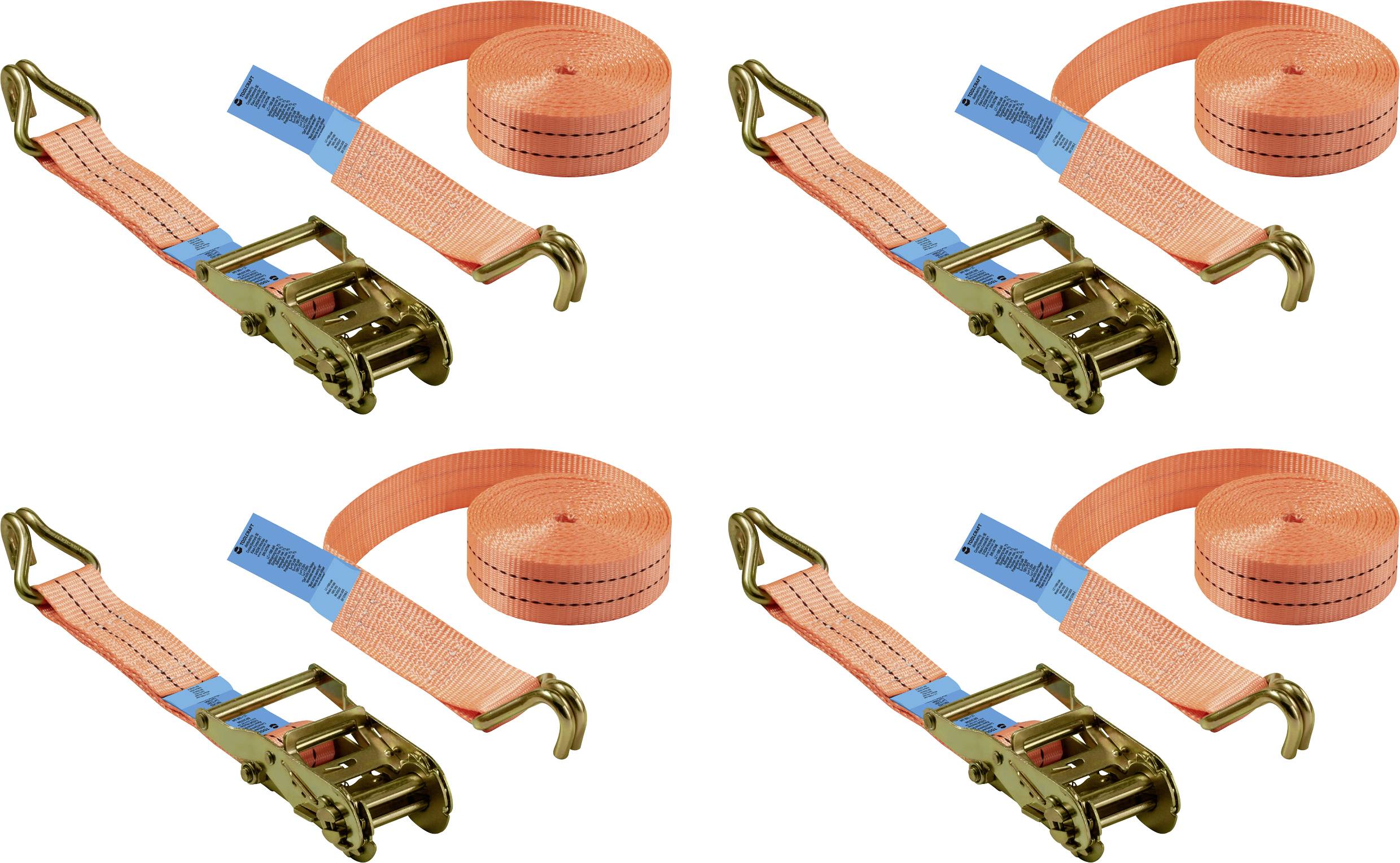 Quatre sangles d'arrimage orange avec crochets, utilisées pour fixer des charges, disposées en deux rangées.