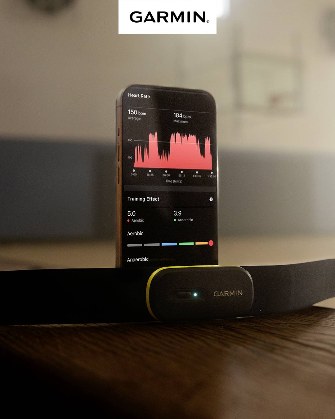 Un smartphone affiche une application avec des données de fréquence cardiaque et des effets d'entraînement. Devant le téléphone se trouve un appareil de fitness Garmin. En arrière-plan, un panier de basket-ball représenté de manière floue.