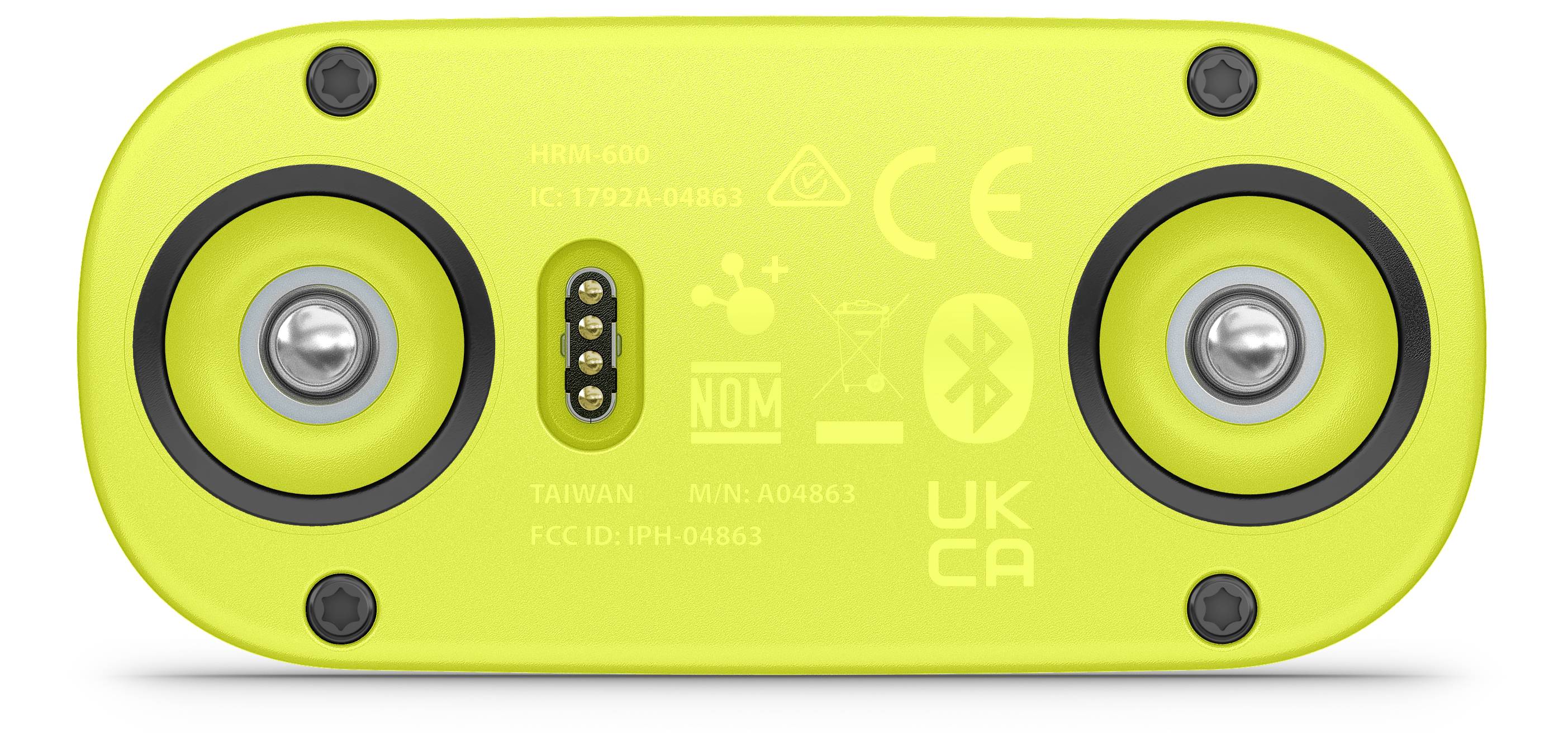 Face arrière d'un appareil jaune avec deux contacts métalliques, un point de connexion et des marquages tels que 'NOM' et le logo Bluetooth visibles.