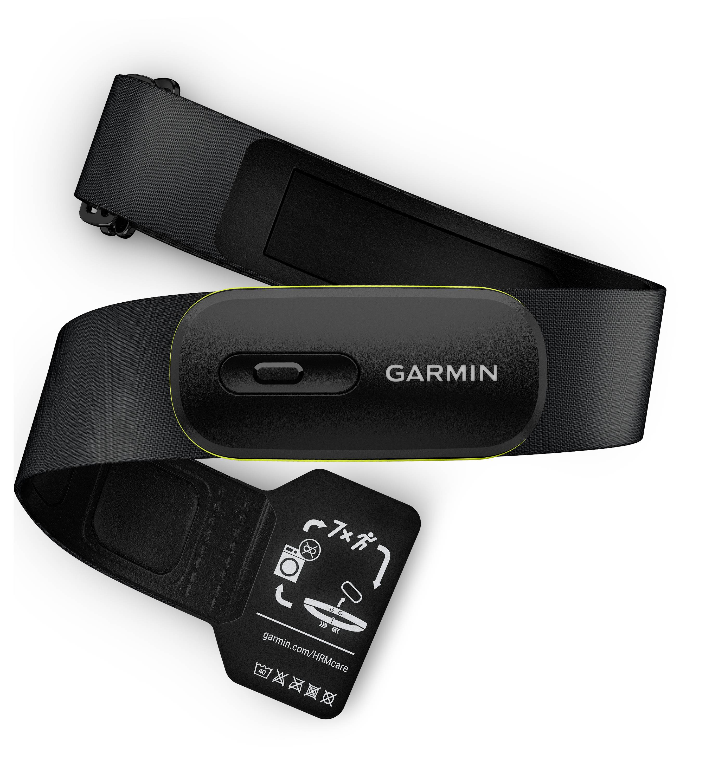 Sangle pectorale avec capteur noir portant l'inscription 'GARMIN', destinée à être utilisée lors d'activités de fitness, notice d'utilisation incluse.