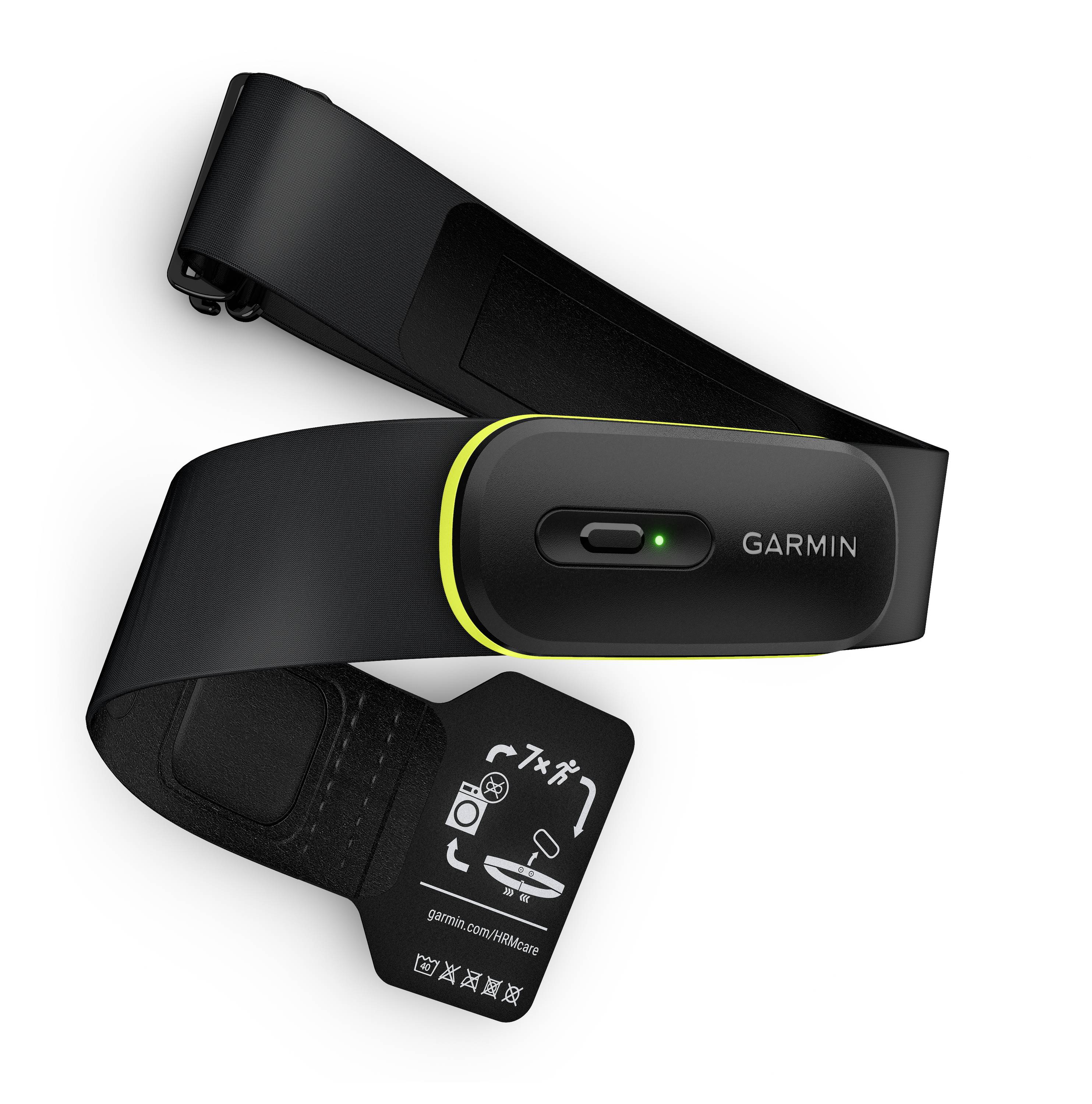 Ceinture pectorale de fréquence cardiaque Garmin noire avec bordure jaune et voyant LED vert, affichant le symbole des consignes de port et le mode d'emploi.