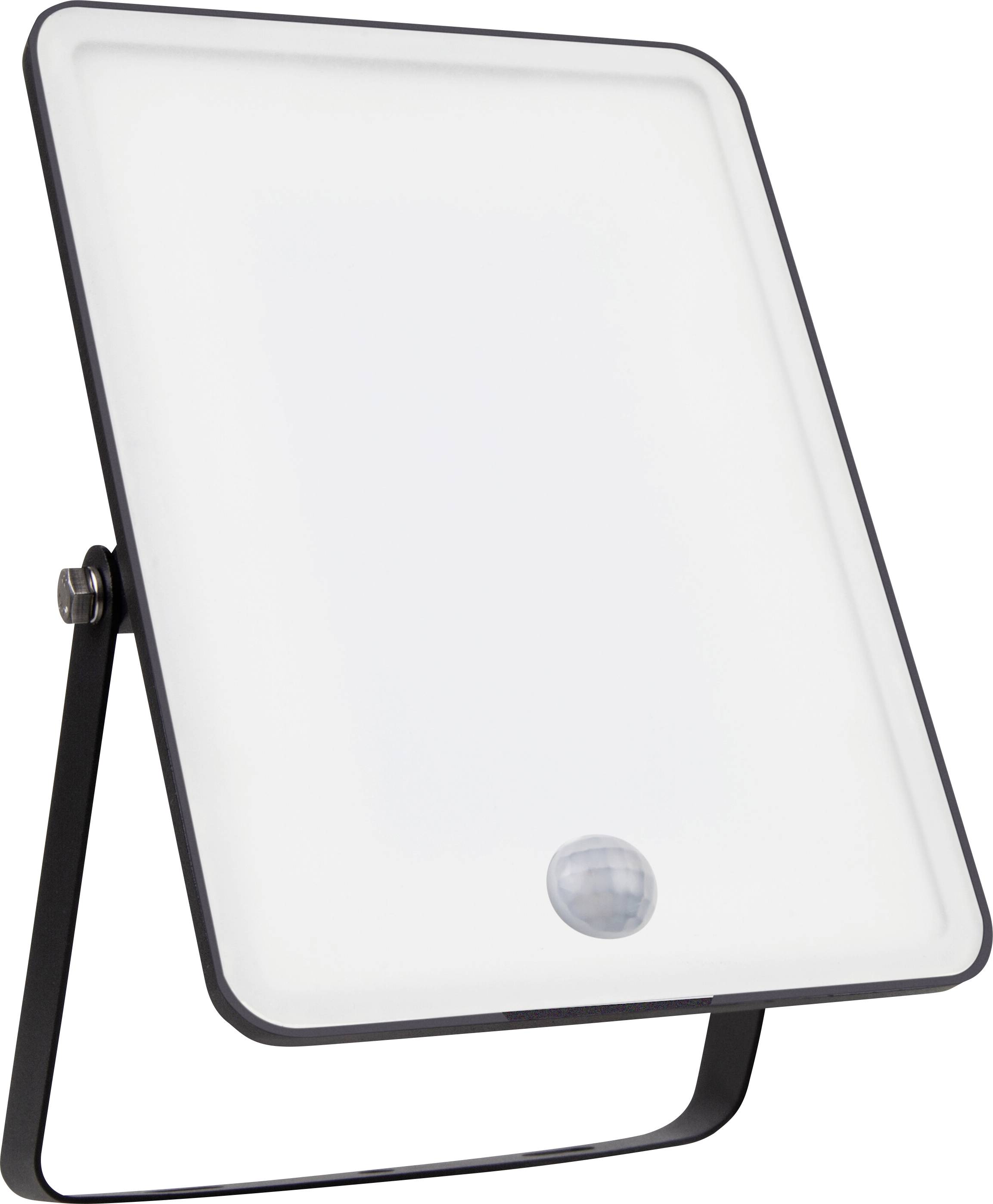 Luminaire LED plat et rectangulaire avec cadre noir et pied de support, adapté pour montage sur table ou au mur, avec détecteur de mouvement en bas.