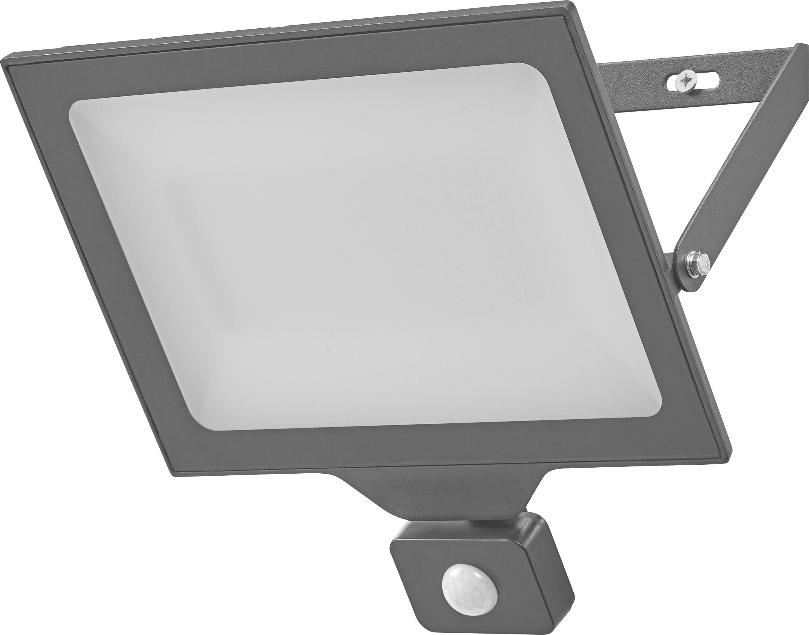 Un projecteur LED rectangulaire avec boîtier gris et détecteur de mouvement intégré en bas, fixé sur un support métallique réglable.