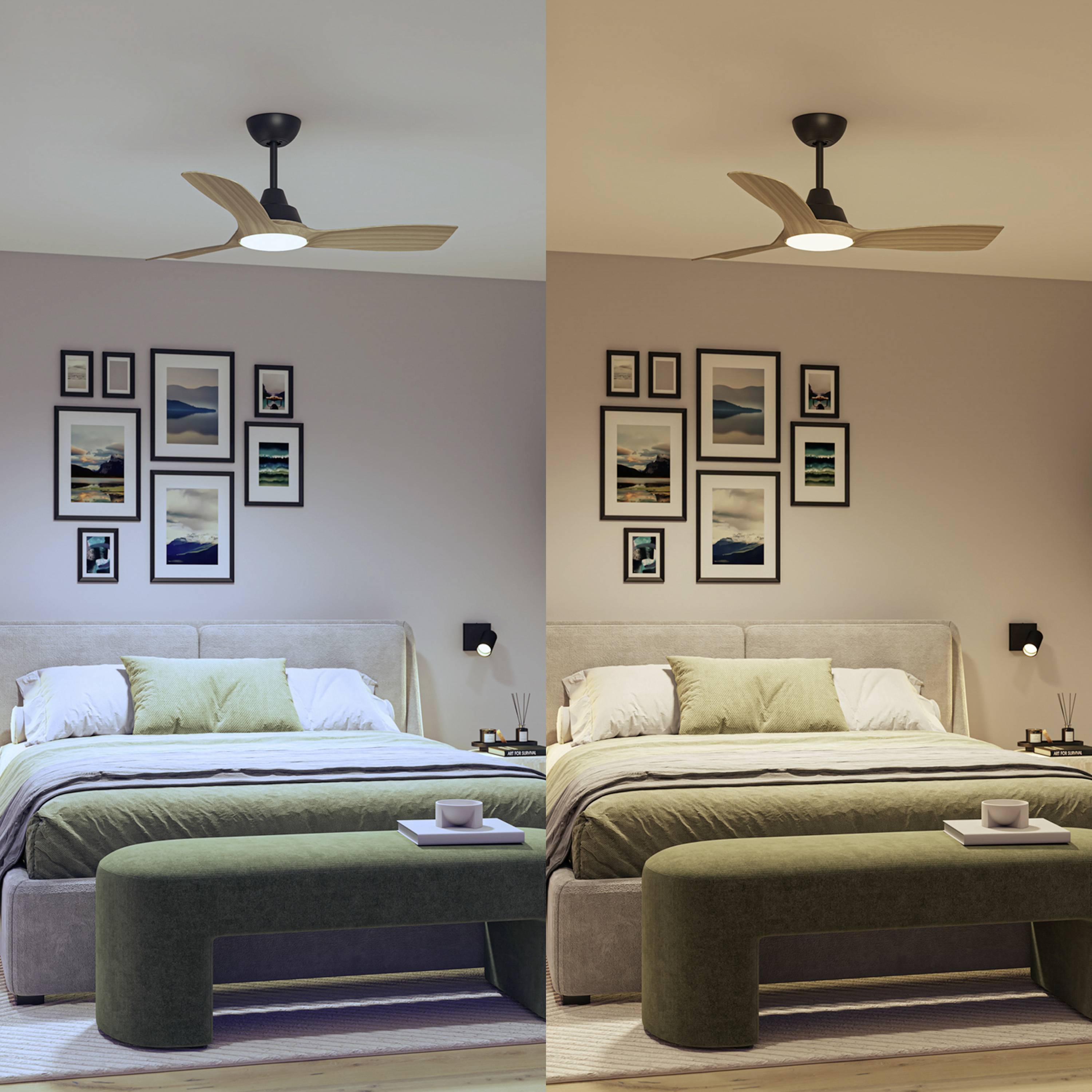 Deux vues de chambre à coucher en comparaison : à gauche avec un éclairage plus froid, à droite avec un éclairage plus chaud. Différentes ambiances lumineuses.