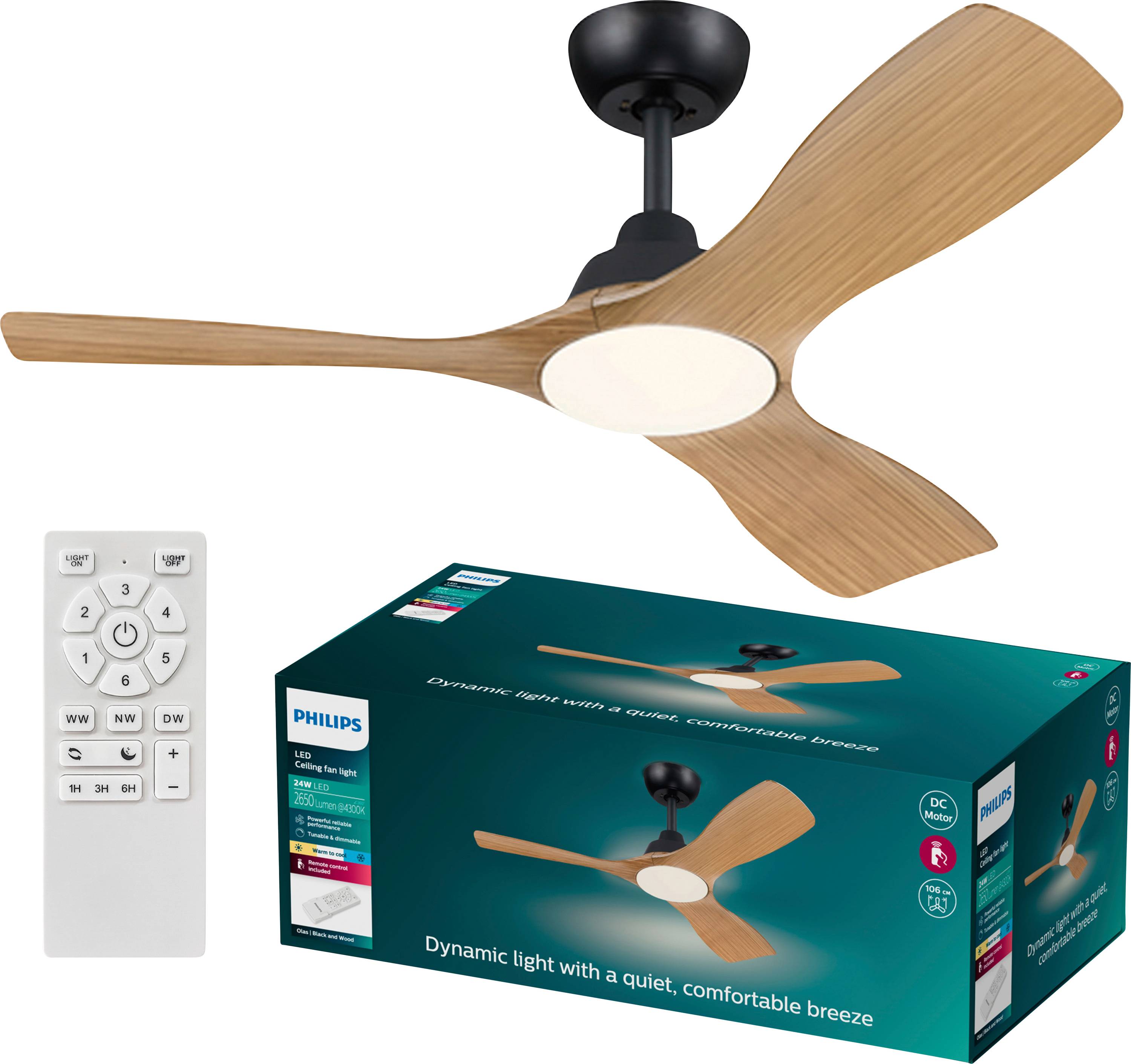 Ventilateur de plafond Philips avec pales en bois et éclairage LED. Télécommande blanche et emballage du produit avec logo et slogan.