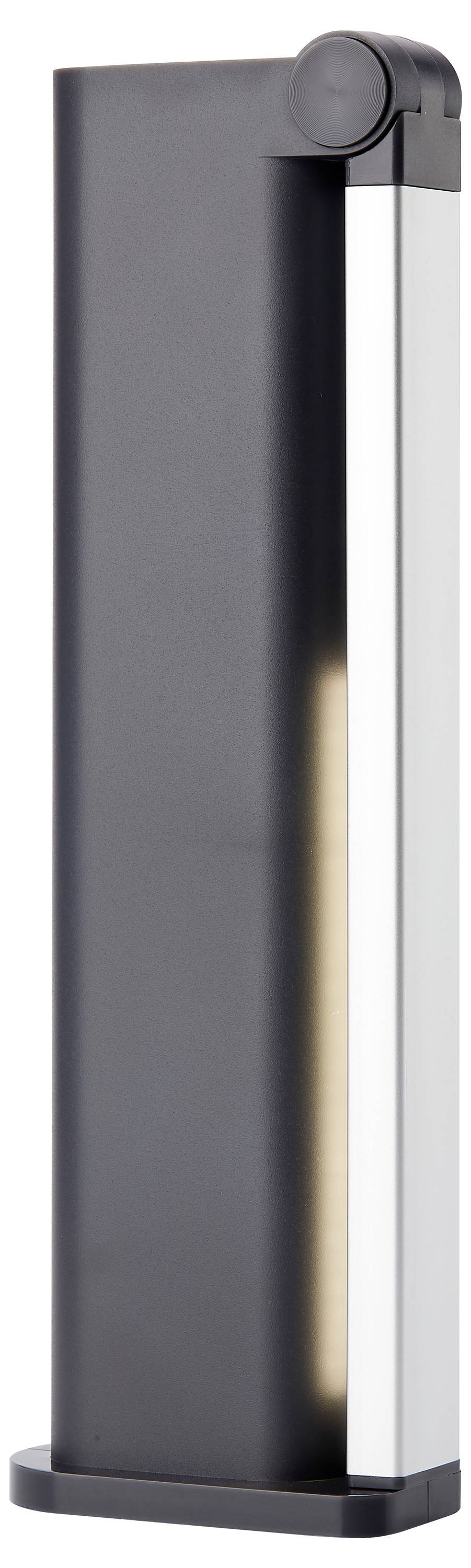 Une lampadaire moderne et élancé avec un boîtier noir et argenté. Elle présente un design simple et épuré.