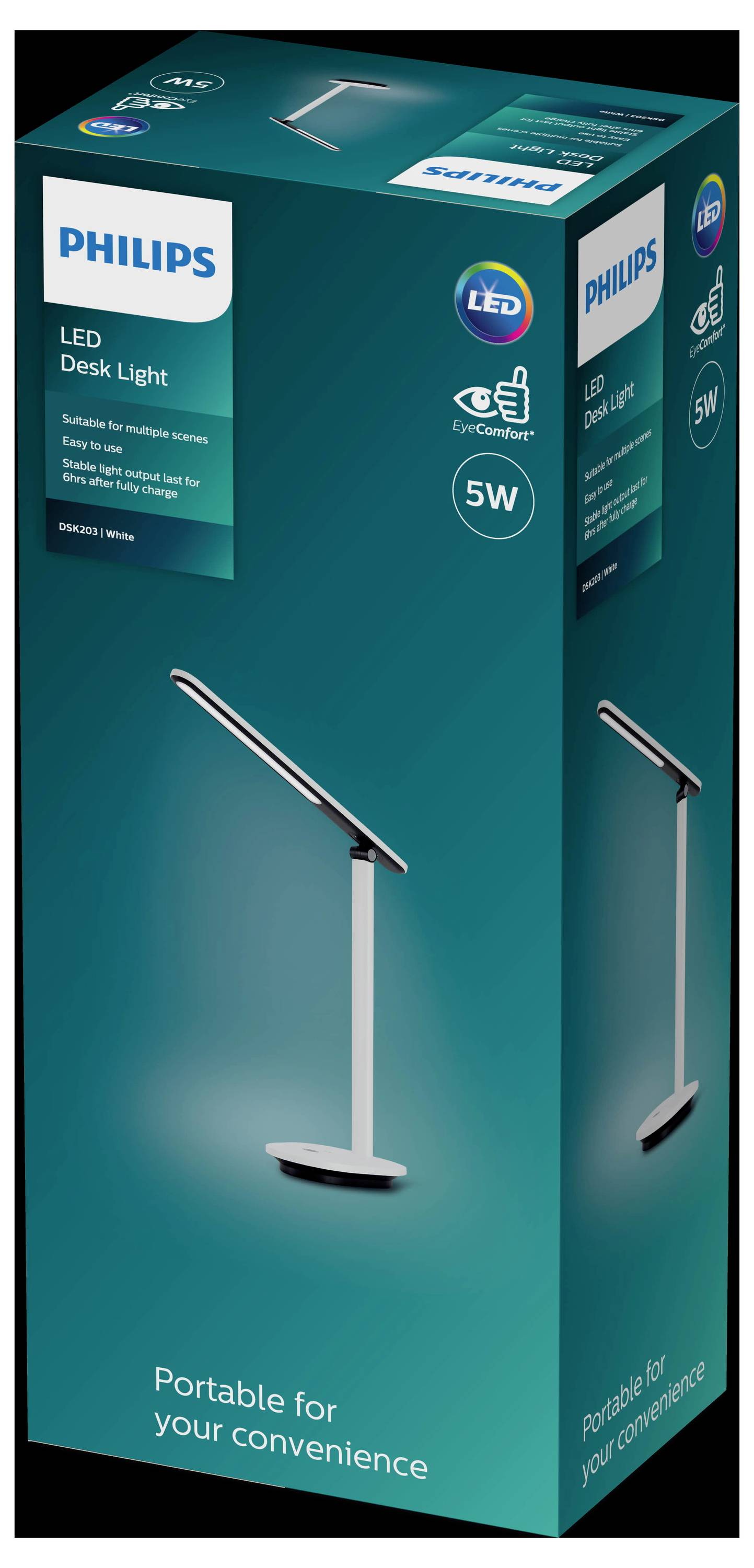 Emballage d'une lampe de bureau LED Philips, 5W, avec image de la lampe et texte 'Portable pour votre confort'.