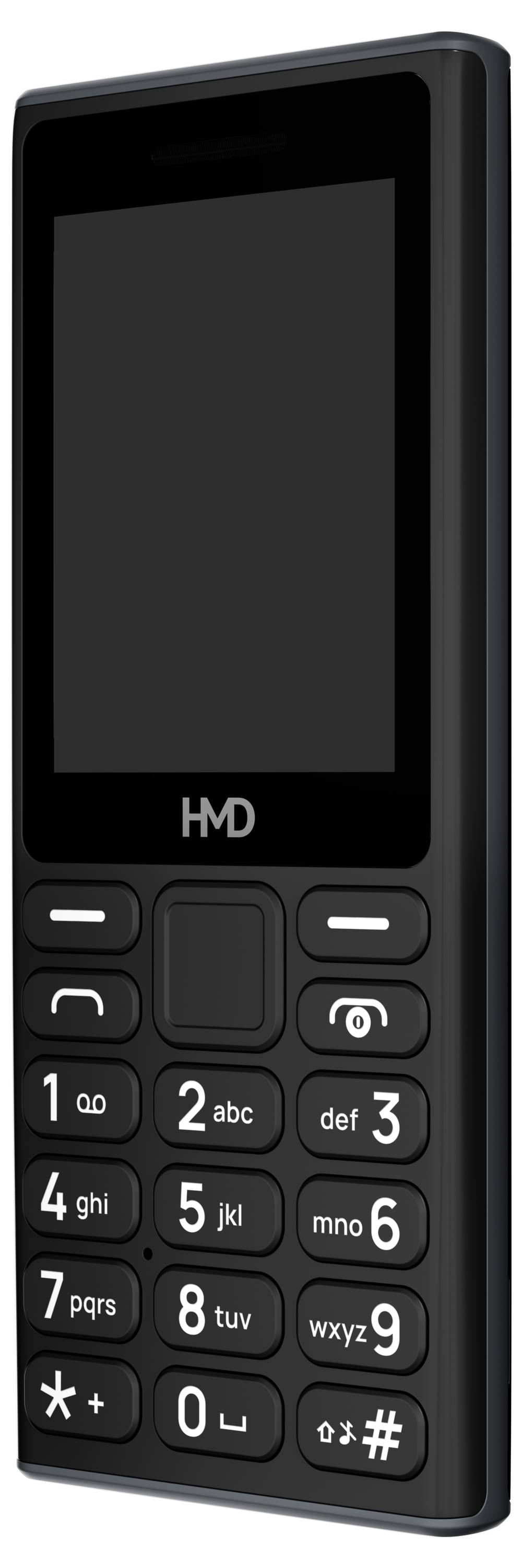 Téléphone portable simple en noir avec clavier à touches et petit écran, le logo HMD sous l'écran.