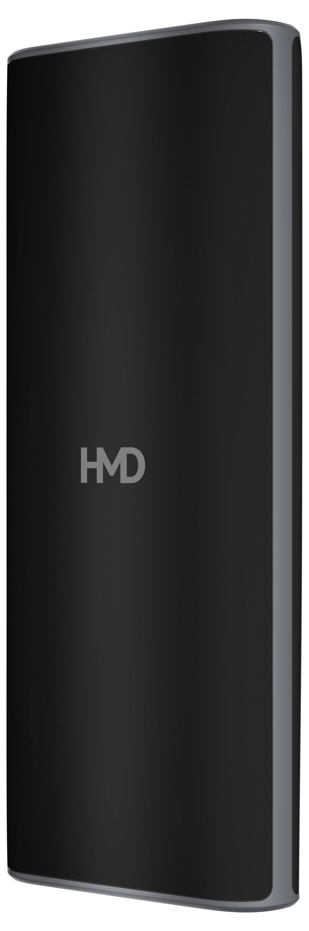 Un appareil rectangulaire noir avec l'inscription 'HMD' au centre, possiblement un dispositif électronique ou un accessoire.