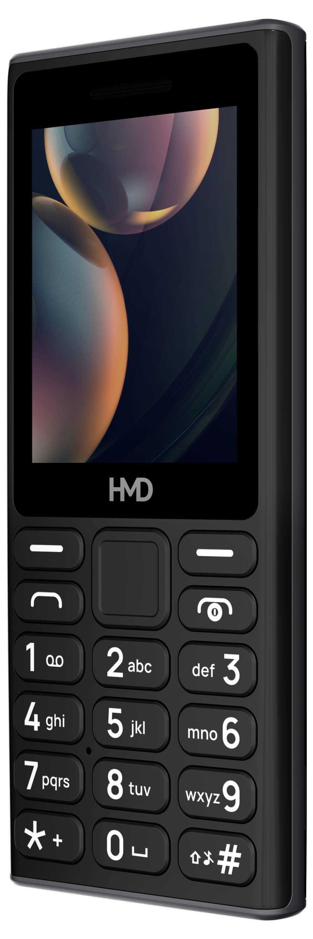 Un téléphone portable simple avec clavier à touches, petit écran et le logo de la marque HMD au-dessus des touches.