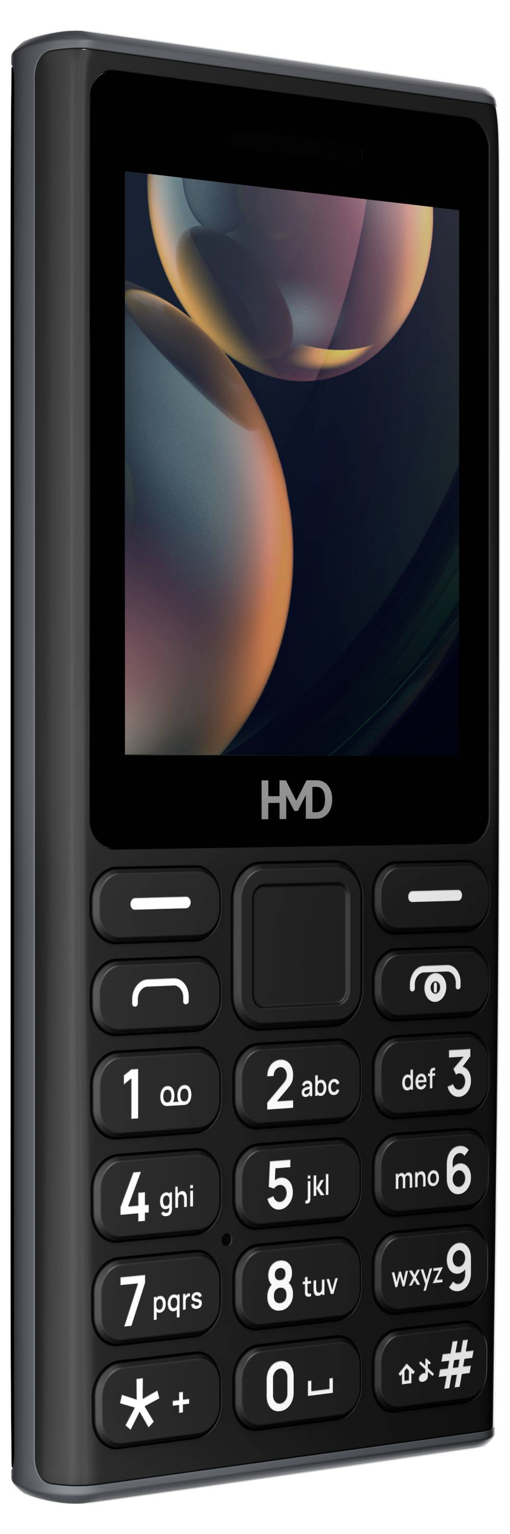 Un téléphone portable simple avec des touches, une coque noire et un petit écran couleur.